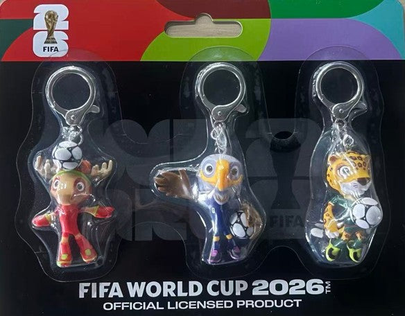 FIFA World Cup USA-CAN-MEX Mascot Keychain Figurines 3Pack, Maple (Canada), Clutch (USA) and Zayu (Mexico), Official Licensed Product