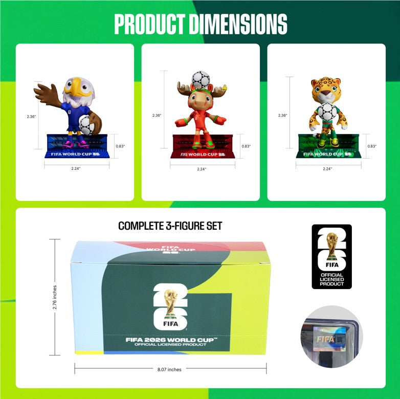 FIFA World Cup USA-CAN-MEX Mascot Figurines with Soccer Ball 3Pack in Gift Box, Maple, Clutch and Zayu 6cm, Official Licensed Product