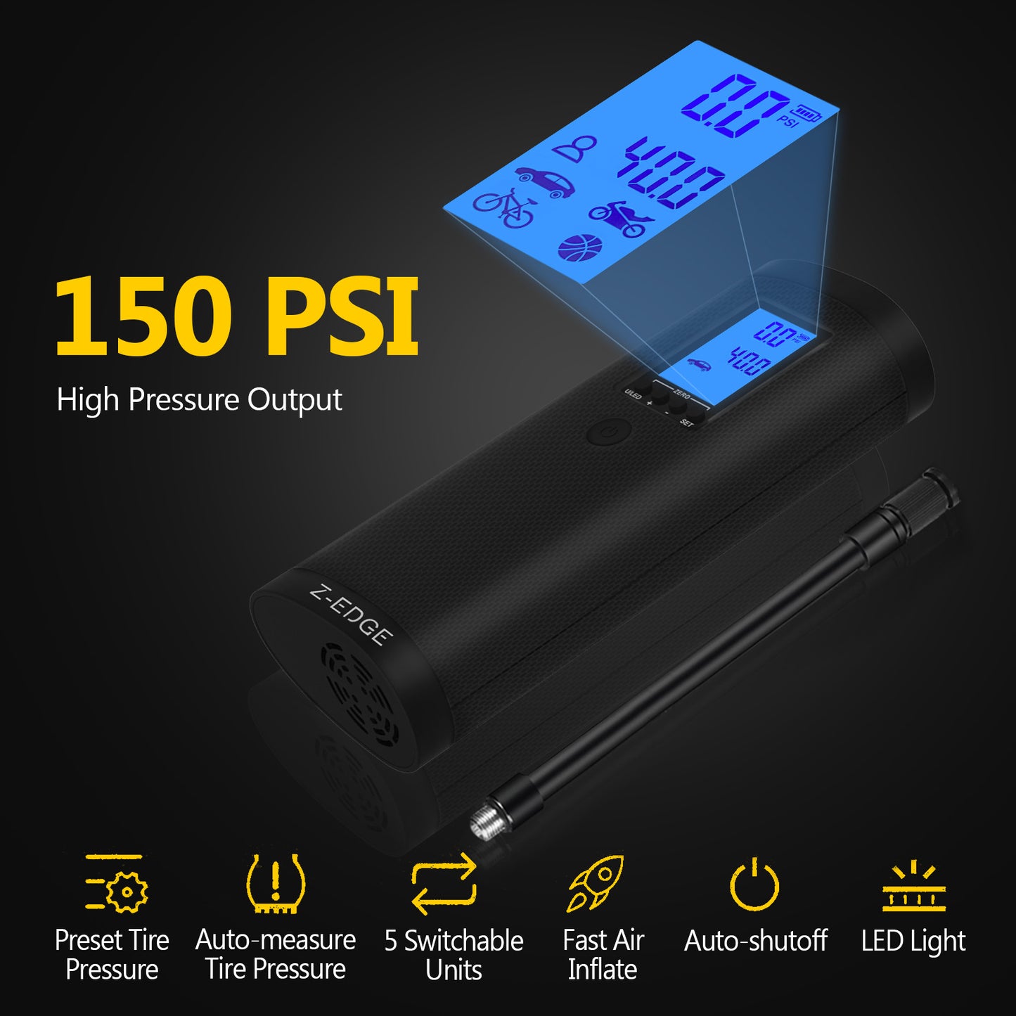 Z-Edge 150PSI Portable Air Inflator and Power Bank with Carry Bag