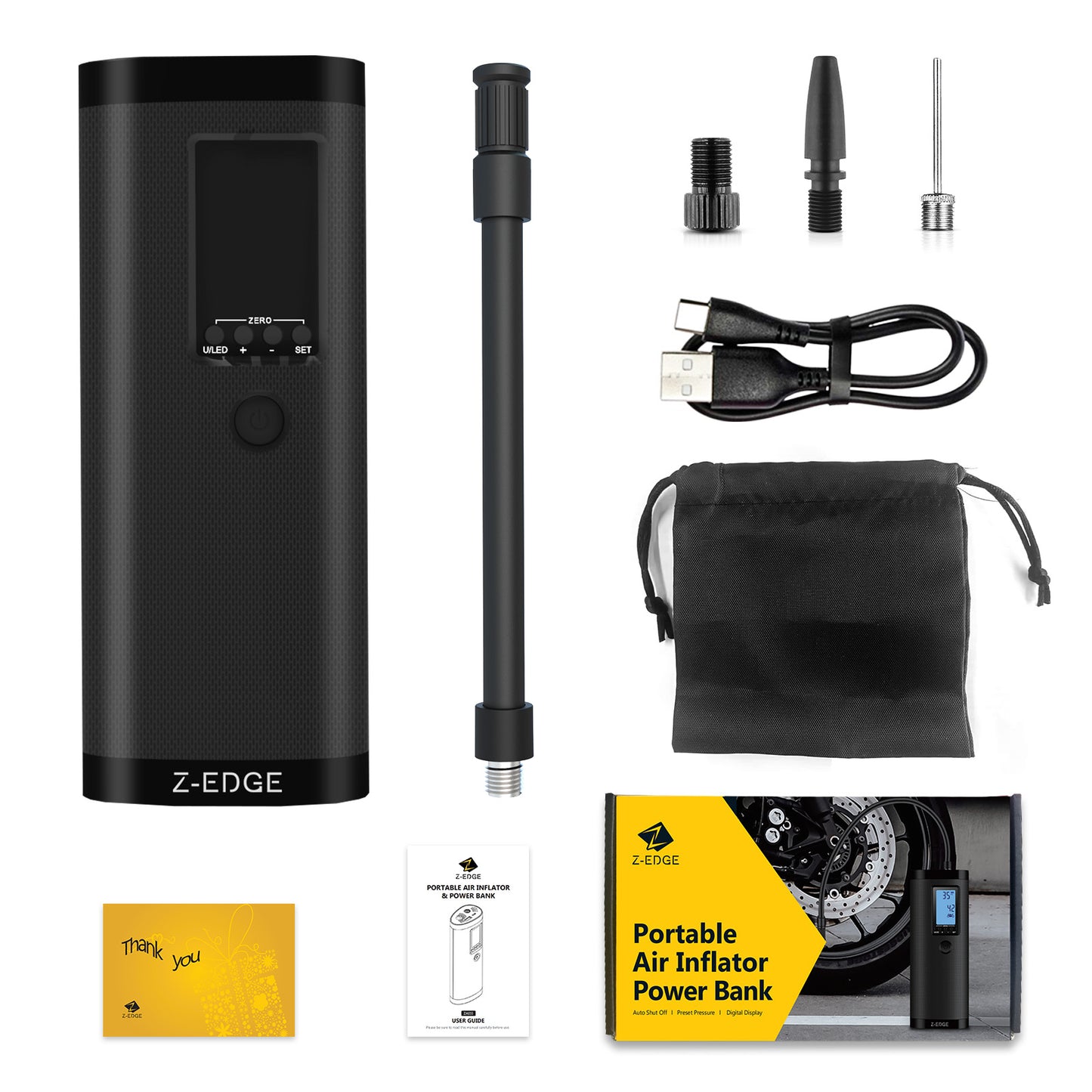 Z-Edge 150PSI Portable Air Inflator and Power Bank with Carry Bag