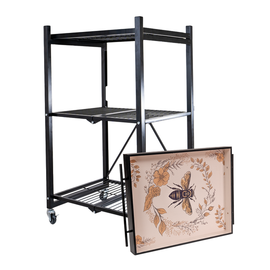 Hoppel Rolling 3 Tier Cart Collapsible Cart with Wood Lid Serving Tray