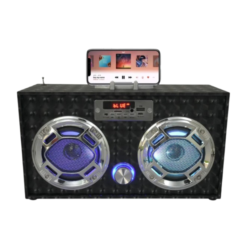 Boombox w/Bluetooth LED Light-Up Speakers Stereo Sound FM Tuner & Phone Holder