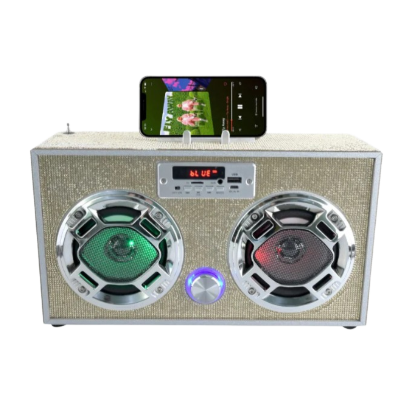 Boombox w/Bluetooth LED Light-Up Speakers Stereo Sound FM Tuner & Phone Holder