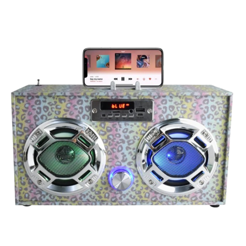 Boombox w/Bluetooth LED Light-Up Speakers Stereo Sound FM Tuner & Phone Holder