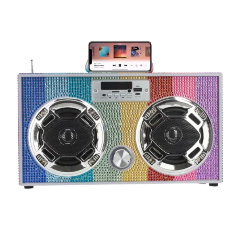 Boombox w/Bluetooth LED Light-Up Speakers Stereo Sound FM Tuner & Phone Holder