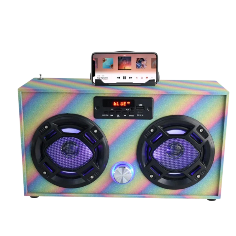 Boombox w/Bluetooth LED Light-Up Speakers Stereo Sound FM Tuner & Phone Holder