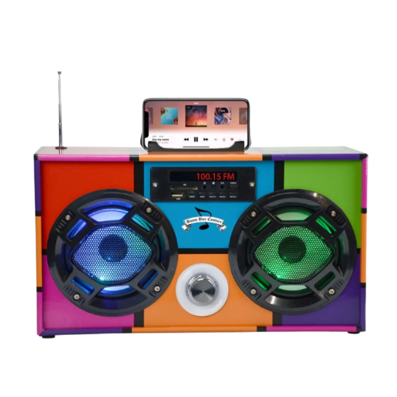 Boombox w/Bluetooth LED Light-Up Speakers Stereo Sound FM Tuner & Phone Holder