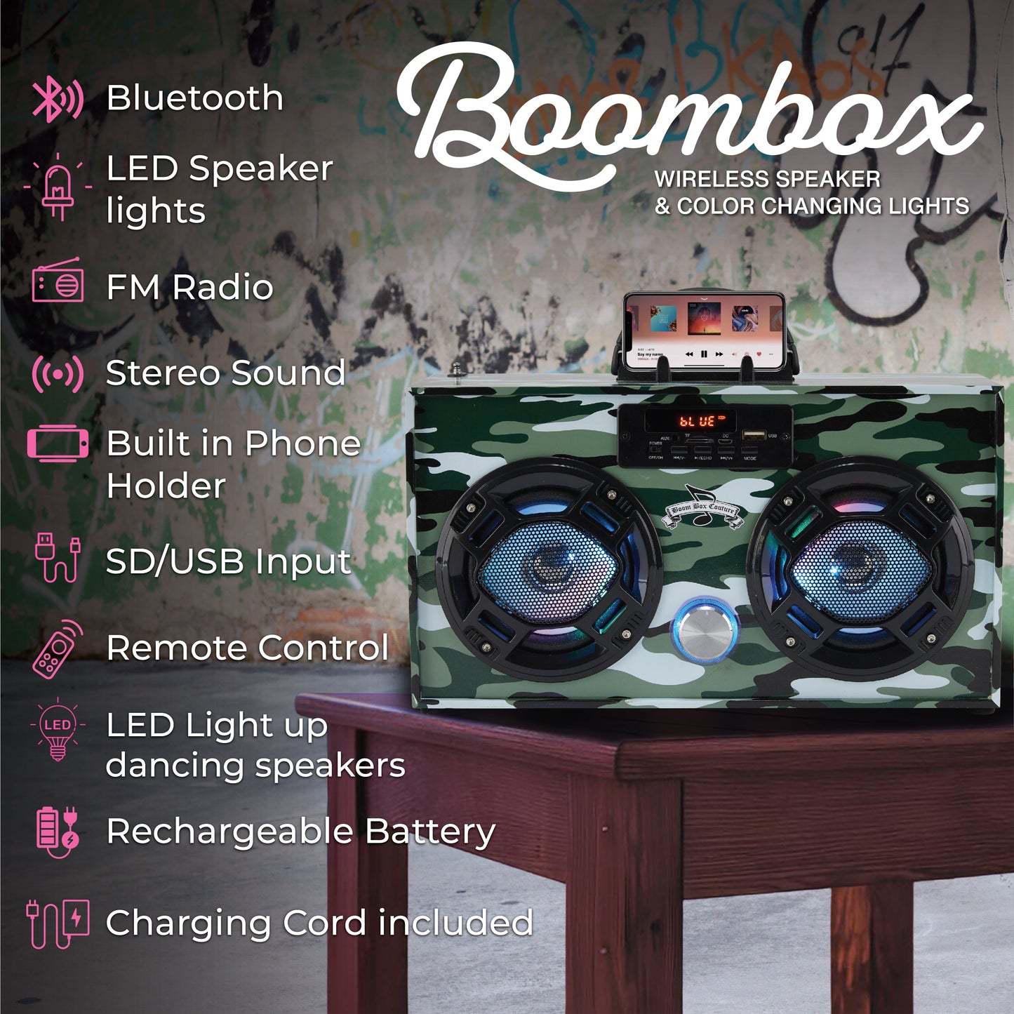 Boombox w/Bluetooth LED Light-Up Speakers Stereo Sound FM Tuner & Phone Holder