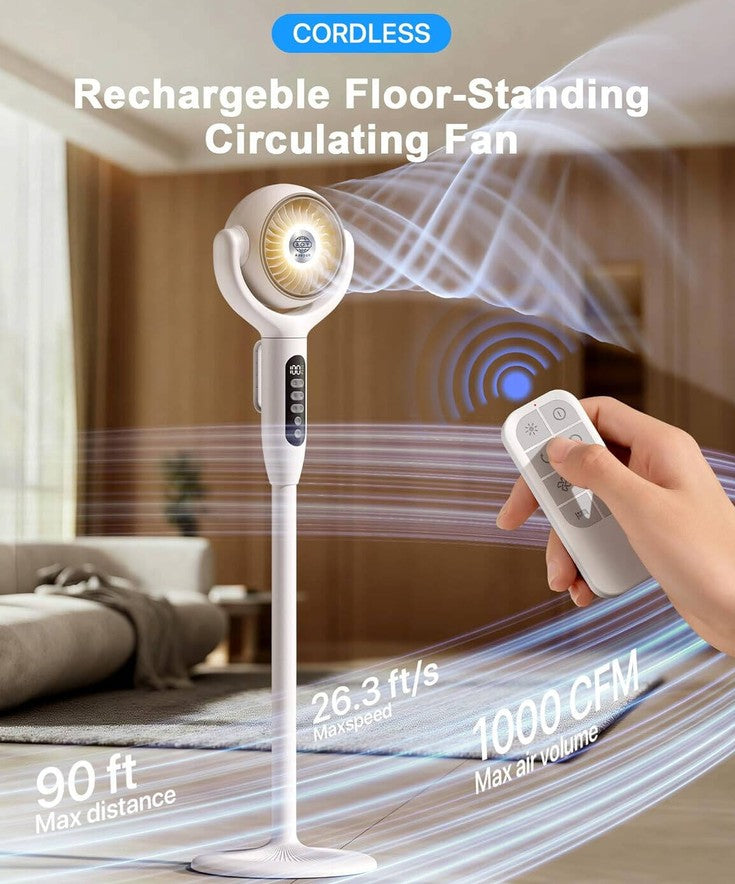 Rechargeable 3-Height Adjustable Floor Standing Circulating Fan with 8 Speeds, Horizontal and Vertical Oscillation, Night Sleep and Natural Wind Modes, LED Display, Timer Function, LED Nightlight, Remote Control