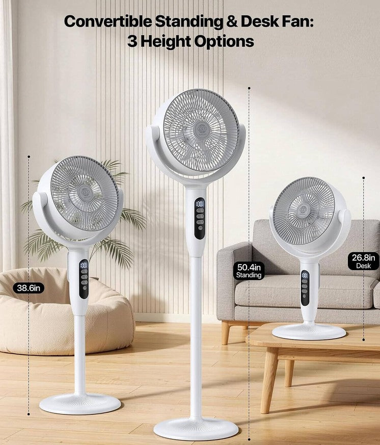 Rechargeable 3-Height Adjustable Floor Standing Circulating Fan with 8 Speeds, Horizontal and Vertical Oscillation, Night Sleep and Natural Wind Modes, LED Display, Timer Function, Remote Control