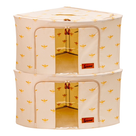 Hoppel Large Corner Collapsible Triple Entry Pop Up Storage Bin (60 liters / 14.4 gallons) - Embroidered Royal Bee - 2 Pack
