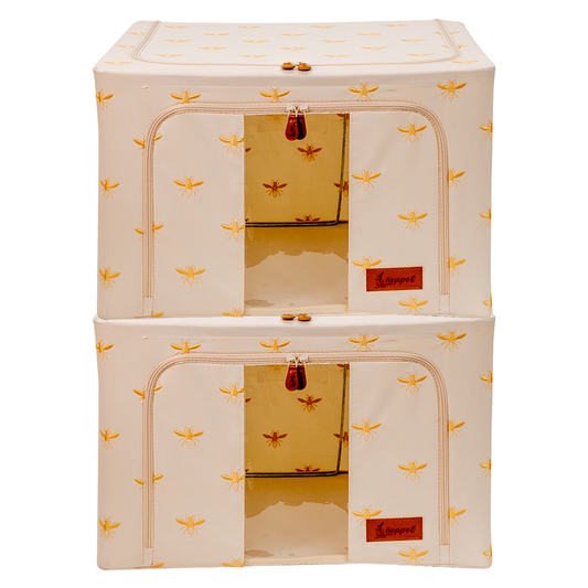 Hoppel Large Collapsible Triple Entry Pop Up Storage Bin (60 liters / 16 gallons) - Embroidered Gold Royal Bee - 2 Pack
