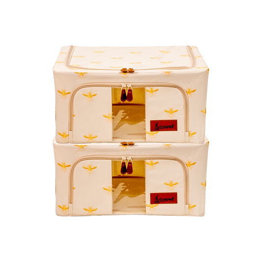 Hoppel Small Collapsible Triple Entry Pop Up Storage Bin (24 liters / 6.5 gallons) - Embroidered Gold Royal Bee - 2 Pack