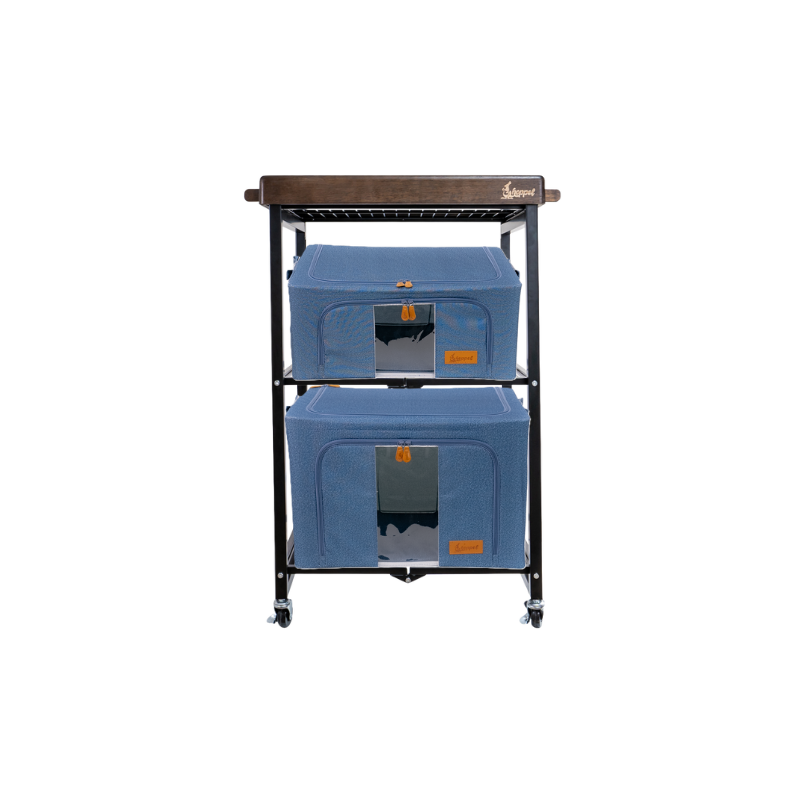 Hoppel Bundle - 3 Tier Rolling Cart w/Walnut Stained Wood Lid Serving Tray + 1 Medium & 1 Large Soft-Sided Storage Bin