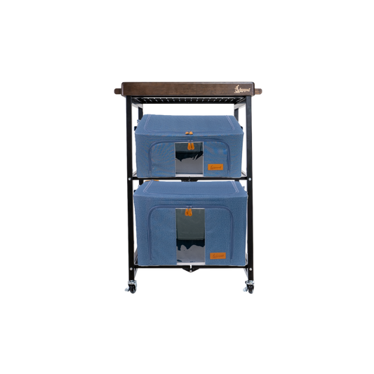 Hoppel Bundle - 3 Tier Rolling Cart w/Walnut Stained Wood Lid Serving Tray + 1 Medium & 1 Large Soft-Sided Storage Bin