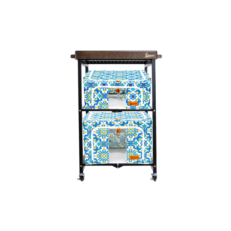 Hoppel Bundle - 3 Tier Rolling Cart w/Walnut Stained Wood Lid Serving Tray + 1 Medium & 1 Large Soft-Sided Storage Bin