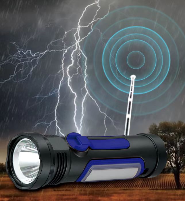 Emergency Flashlight with AM/FM/Weather Radio, Manual Crank, Solar Recharge, Desk Light, SOS, Audio Alarm