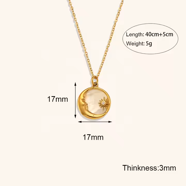 Moon and Star Shell Pendant - Adjustable, Hypoallergenic 18K Gold Plated Stainless Steel - Delicate, Bezel‑Set Detail