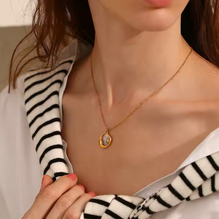Moon and Star Shell Pendant - Adjustable, Hypoallergenic 18K Gold Plated Stainless Steel - Delicate, Bezel‑Set Detail
