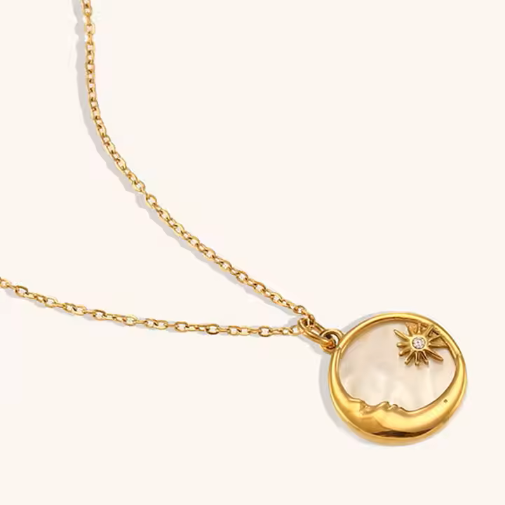 Moon and Star Shell Pendant - Adjustable, Hypoallergenic 18K Gold Plated Stainless Steel - Delicate, Bezel‑Set Detail