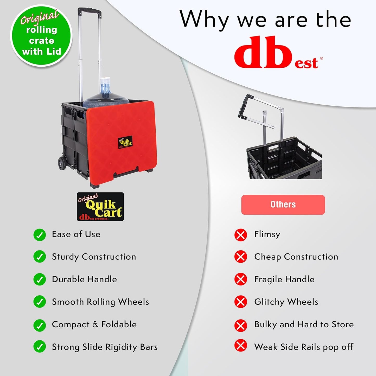 dbest products Quik Cart Collapsible Rolling Crate on Wheels for Teachers Tote Basket 80 lbs Capacity, Made from Heavy Duty Plastic and used as a Seat
