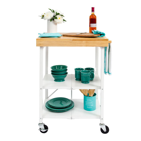 Origami 3-Shelf Kitchen Cart with 2inch Wood Top, Powder Coated Steel Frame and Wheels, Foldable, No Assembly Required