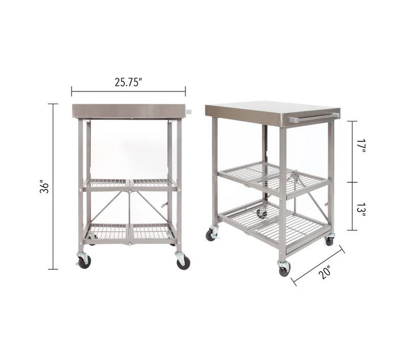 Origami 3-Shelf Kitchen Cart with Stainless Steel Top, Powder Coated Steel Frame and Wheels, Foldable, No Assembly Required