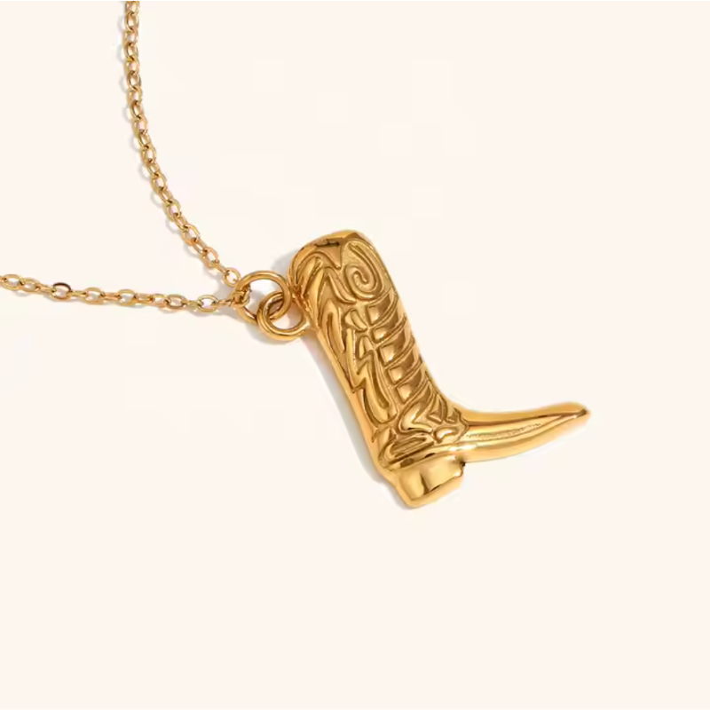 Passport Philosophy Pendant Necklace 18K Gold Plated Stainless Steel Western Cowboy Boot