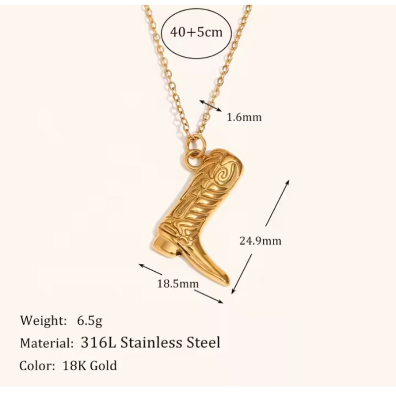 Passport Philosophy Pendant Necklace 18K Gold Plated Stainless Steel Western Cowboy Boot