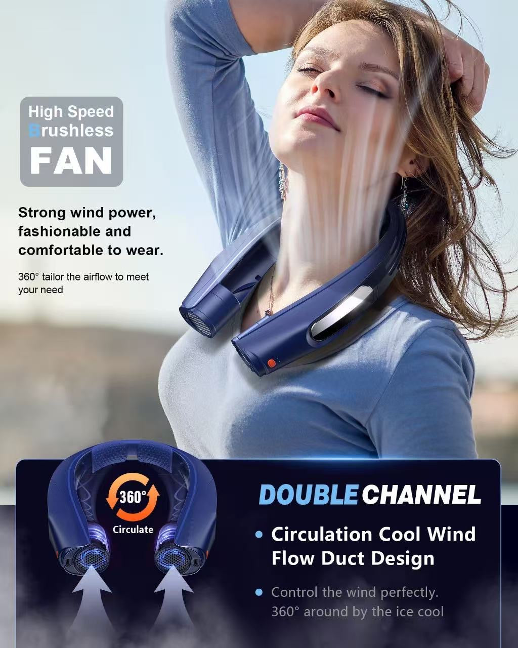 Neck Fan with 6 Speeds, 3W High Speed Brushless Motor, 2 Batteries to support up to 20 Hours of Battery Life