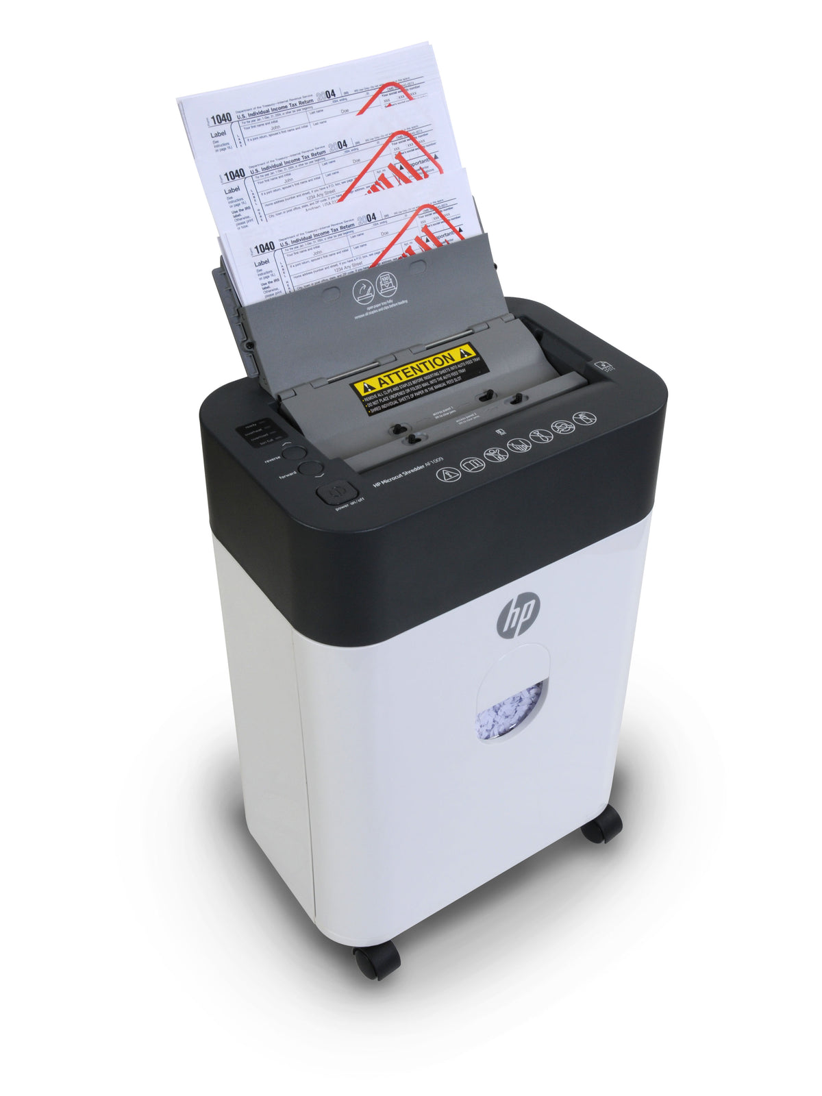 HP 100Sheet Auto Feed MicroCut Shredder - Paper and Credit Cards, 0.86hp Motor, 4.5Gallon Basket, Caster Wheels