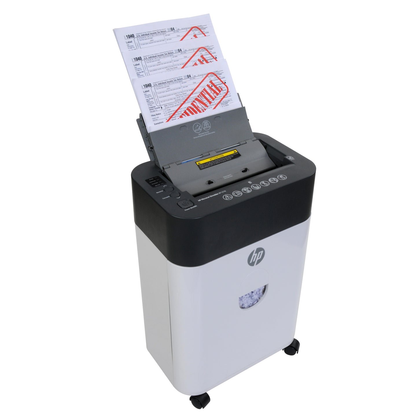 HP 120Sheet Auto Feed MicroCut Shredder - Paper and Credit Cards, 0.86hp Motor, 4.5Gallon Basket, Caster Wheels