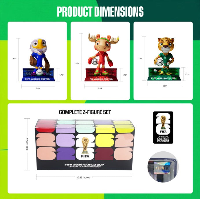[FIFA World Cup] EXCLUSIVE OFFER with Mascot Keychain, USA-CAN-MEX Mascot Figurines 3Pack in Individual Acrylic Collector Box and Gift Box, Maple, Clutch and Zayu 9cm, Official Licensed Product Includes FIFA Licensed Mascot Keychain of you choice
