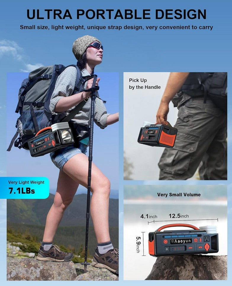 Portable Power Station 300W, 296Wh Solar Generator with 100W USB-C In/Output, Night Light & LED Flashlight, Compact Design with Strap for Outdoor CPAP Home Backup Emergency