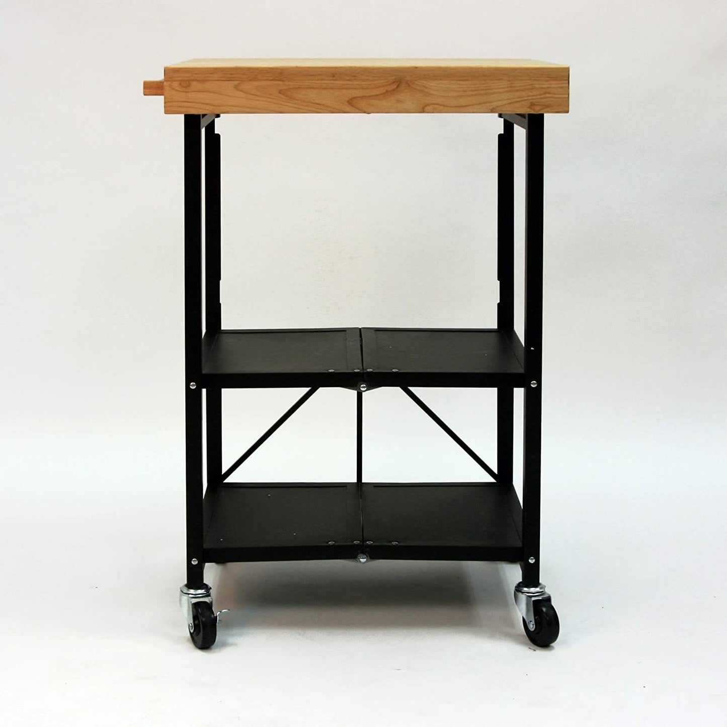 Origami 3-Shelf Kitchen Cart with 2inch Wood Top, Powder Coated Steel Frame and Wheels, Foldable, No Assembly Required