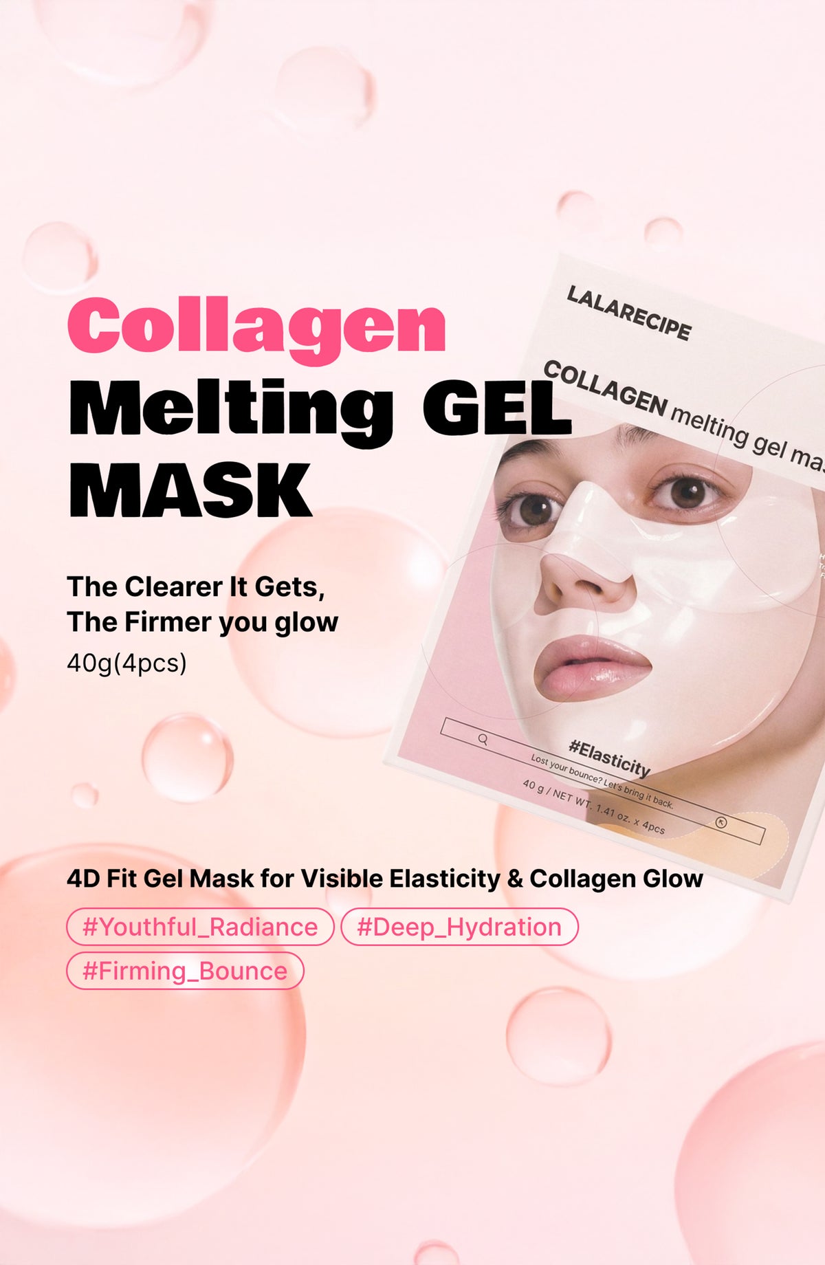 LALARECIPE Collagen Melting Gel Mask, 4D Fit, improves elasticity, smoothness for fine lines and skin texture, boosts firmness. 4 Masks Included.