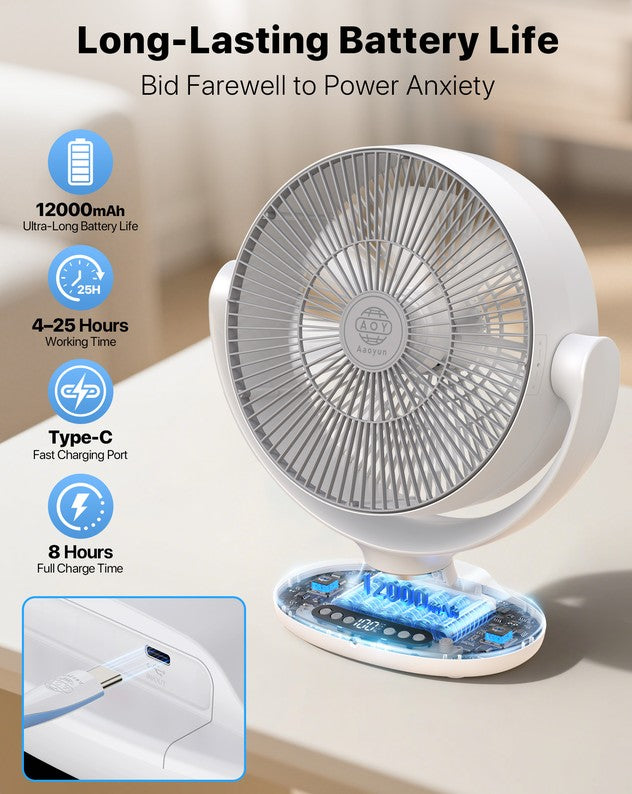 Rechargeable Cordless Desktop 12inch Fan with 8 Speeds, 120 Degree Horizontal and Vertical Oscillation, Night Sleep and Natural Wind Modes, LED Display, Timer Function, Remote Control