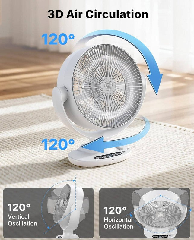 Rechargeable Cordless Desktop 12inch Fan with 8 Speeds, 120 Degree Horizontal and Vertical Oscillation, Night Sleep and Natural Wind Modes, LED Display, Timer Function, Remote Control