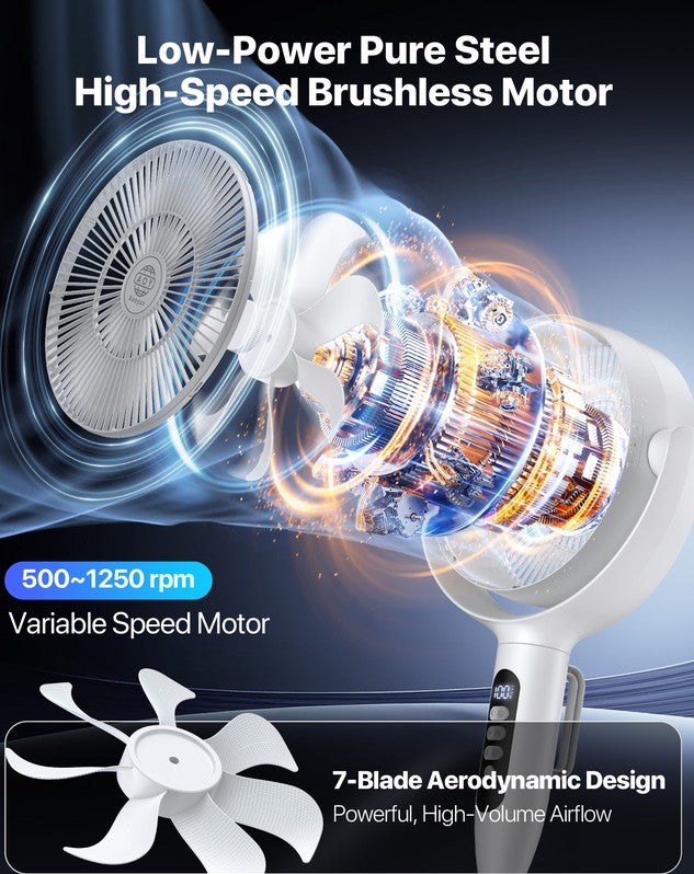 Rechargeable 3-Height Adjustable Floor Standing Circulating Fan with 8 Speeds, Horizontal and Vertical Oscillation, Night Sleep and Natural Wind Modes, LED Display, Timer Function, Remote Control