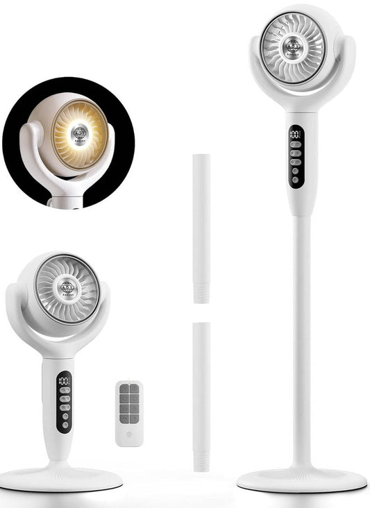 Rechargeable 3-Height Adjustable Floor Standing Circulating Fan with 8 Speeds, Horizontal and Vertical Oscillation, Night Sleep and Natural Wind Modes, LED Display, Timer Function, LED Nightlight, Remote Control