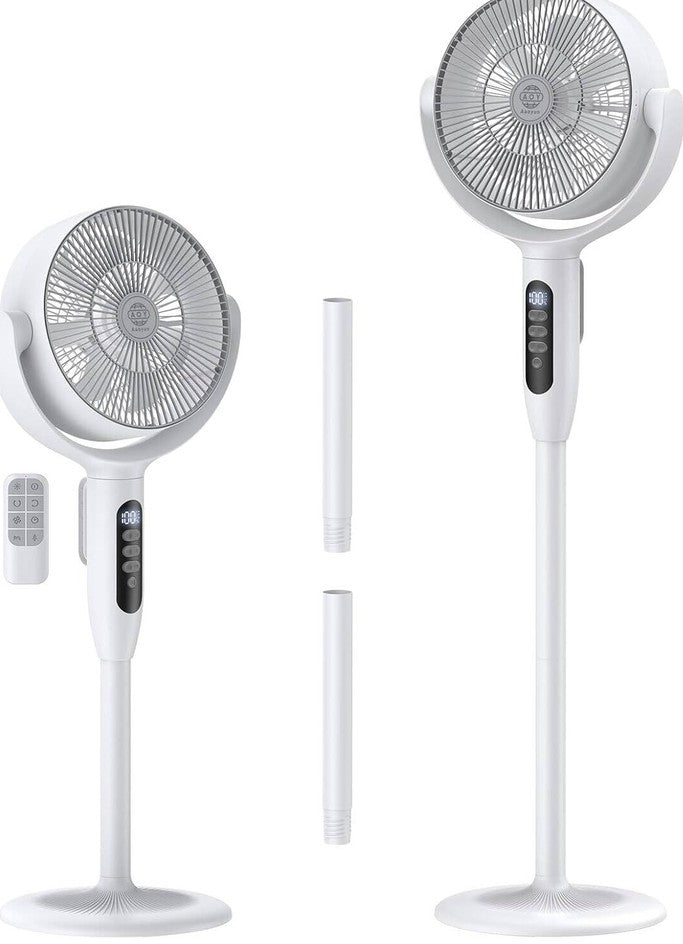 Rechargeable 3-Height Adjustable Floor Standing Circulating Fan with 8 Speeds, Horizontal and Vertical Oscillation, Night Sleep and Natural Wind Modes, LED Display, Timer Function, Remote Control