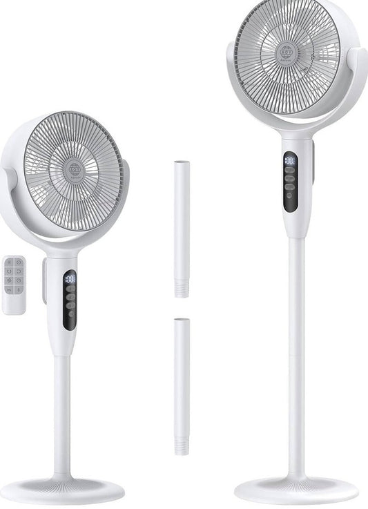 Rechargeable 3-Height Adjustable Floor Standing Circulating Fan with 8 Speeds, Horizontal and Vertical Oscillation, Night Sleep and Natural Wind Modes, LED Display, Timer Function, Remote Control
