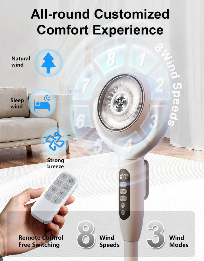 Rechargeable 3-Height Adjustable Floor Standing Circulating Fan with 8 Speeds, Horizontal and Vertical Oscillation, Night Sleep and Natural Wind Modes, LED Display, Timer Function, Remote Control