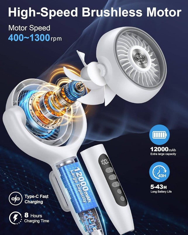Rechargeable 3-Height Adjustable Floor Standing Circulating Fan with 8 Speeds, Horizontal and Vertical Oscillation, Night Sleep and Natural Wind Modes, LED Display, Timer Function, LED Nightlight, Remote Control