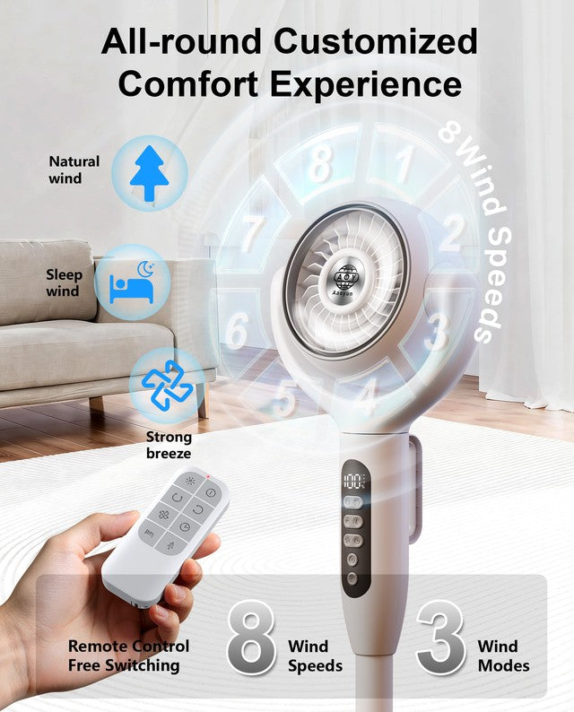 Rechargeable 3-Height Adjustable Floor Standing Circulating Fan with 8 Speeds, Horizontal and Vertical Oscillation, Night Sleep and Natural Wind Modes, LED Display, Timer Function, LED Nightlight, Remote Control