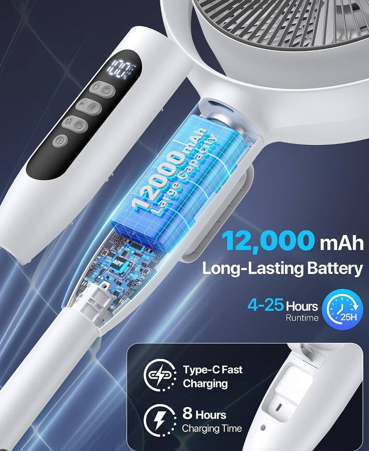 Rechargeable 3-Height Adjustable Floor Standing Circulating Fan with 8 Speeds, Horizontal and Vertical Oscillation, Night Sleep and Natural Wind Modes, LED Display, Timer Function, Remote Control