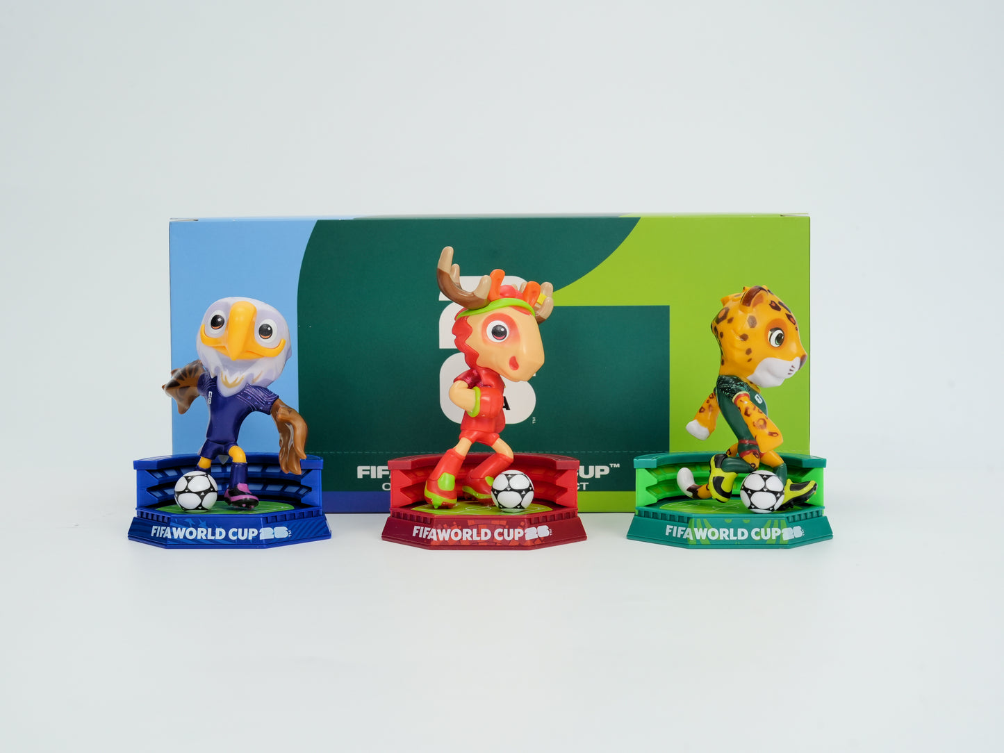 [FIFA World Cup] EXCLUSIVE OFFER with Keychain, USA-CAN-MEX Mascot Figurines Stadium Base 3Pack in Individual Acrylic Collector Box and Gift Box, Maple, Clutch and Zayu 9cm, Official Licensed Product Includes FIFA Licensed Mascot Keychain of your choice