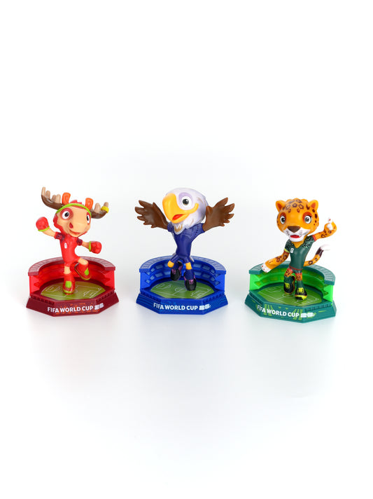 FIFA World Cup USA-CAN-MEX Mascot Figurines 3Pack in Gift Box, Maple, Clutch and Zayu 6cm, Official Licensed Product