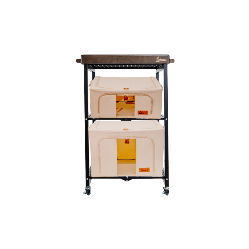 Hoppel Bundle - 3 Tier Rolling Cart w/Walnut Stained Wood Lid Serving Tray + 1 Medium & 1 Large Soft-Sided Storage Bin