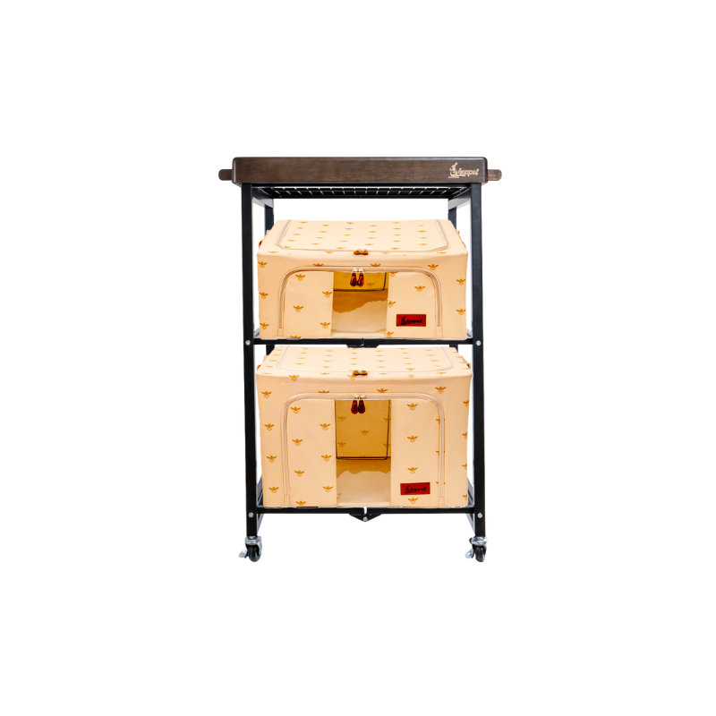 Hoppel Bundle - 3 Tier Rolling Cart w/Walnut Stained Wood Lid Serving Tray + 1 Medium & 1 Large Soft-Sided Storage Bin
